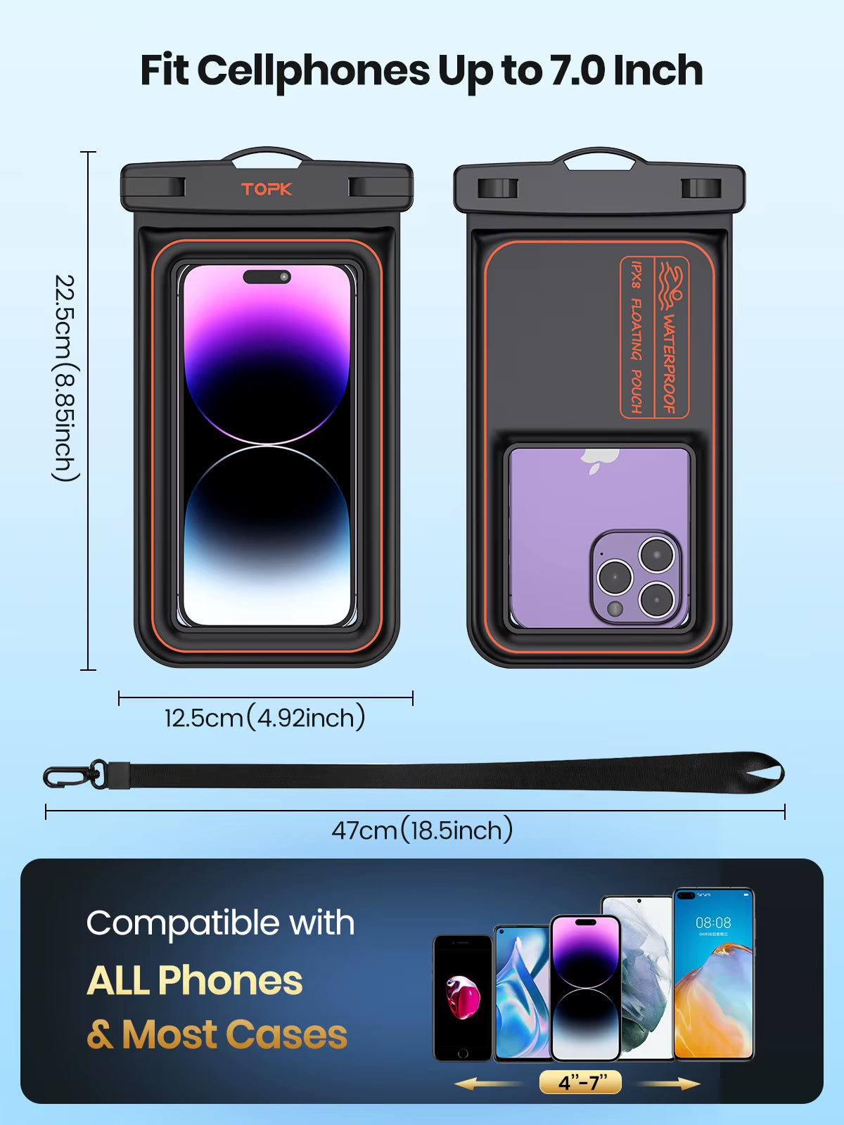 IPX8 Waterproof Phone Pouch – Travel, Beach & Shower Protection (Fits up to 7’’ Phones)